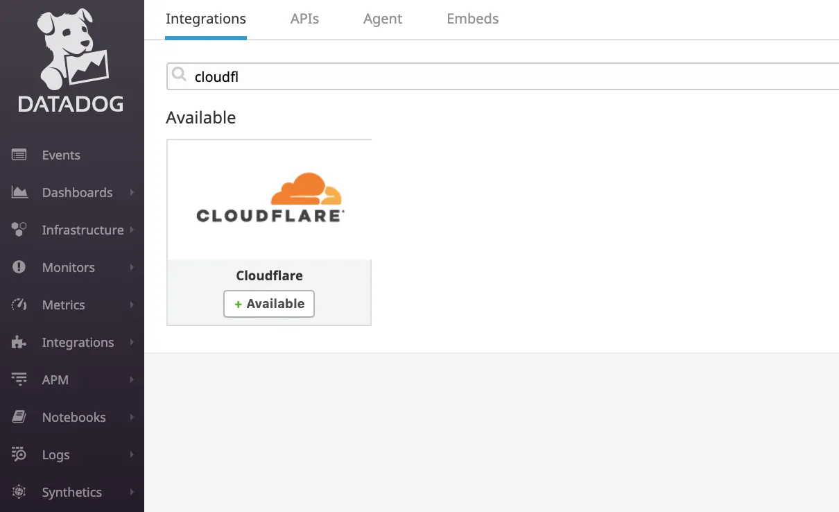 Searching for Cloudflare App in the Datadog Integrations tab